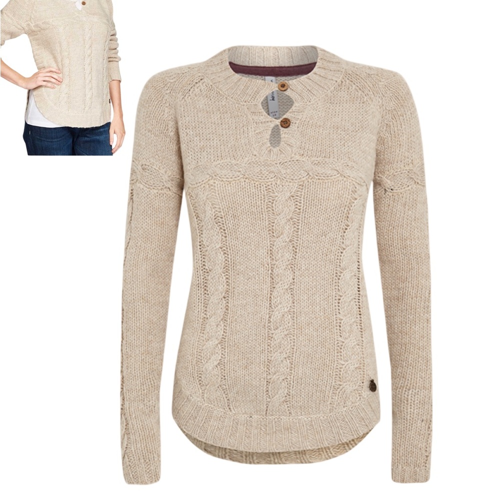 Weird Fish Cable Knit Alpaca Blend Button-Neck Curved Hemline Sweater – Beige